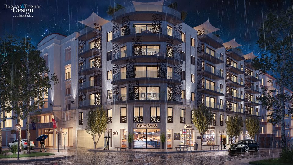 Márvány20 homlokzat esti látványterv - B&BD